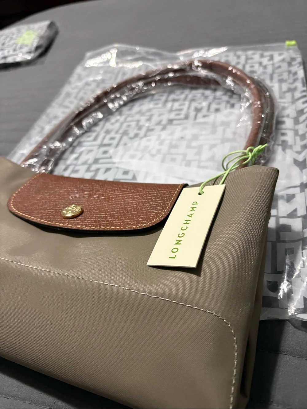 Longchamp Taupe Tote with Brown Trim and Chestnut Handles